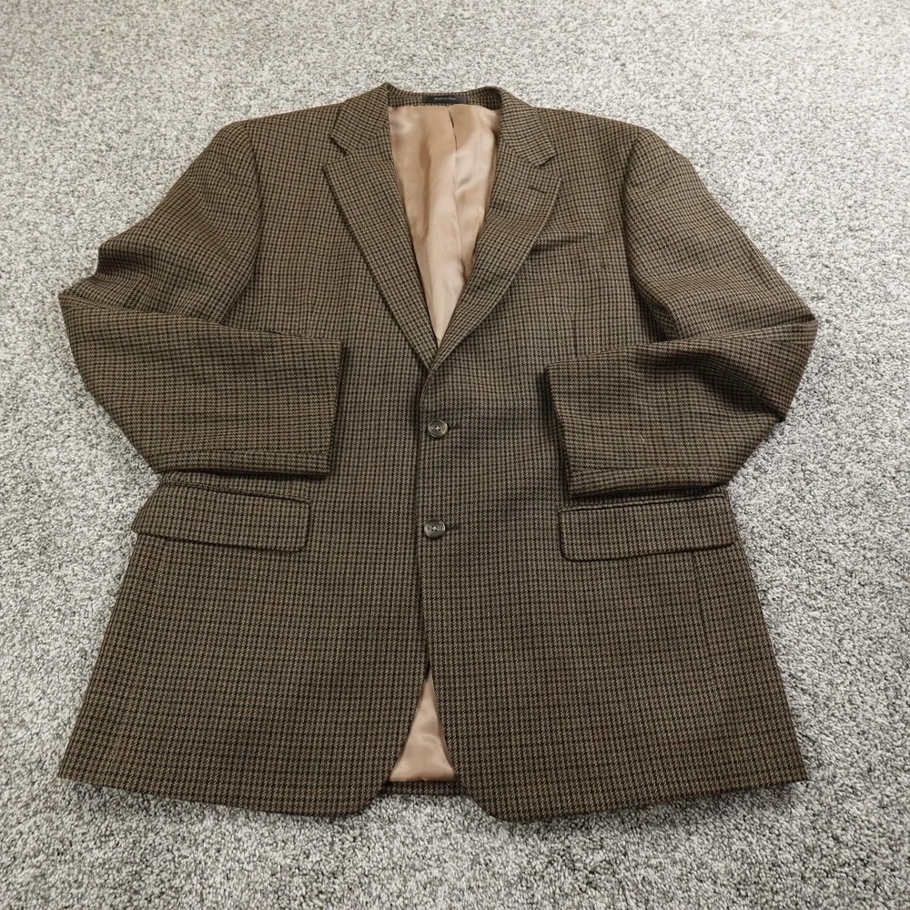 Chaps Blazer Mens 42R Brown Houndstooth Lambswool Sport Coat Button Suit Jacket